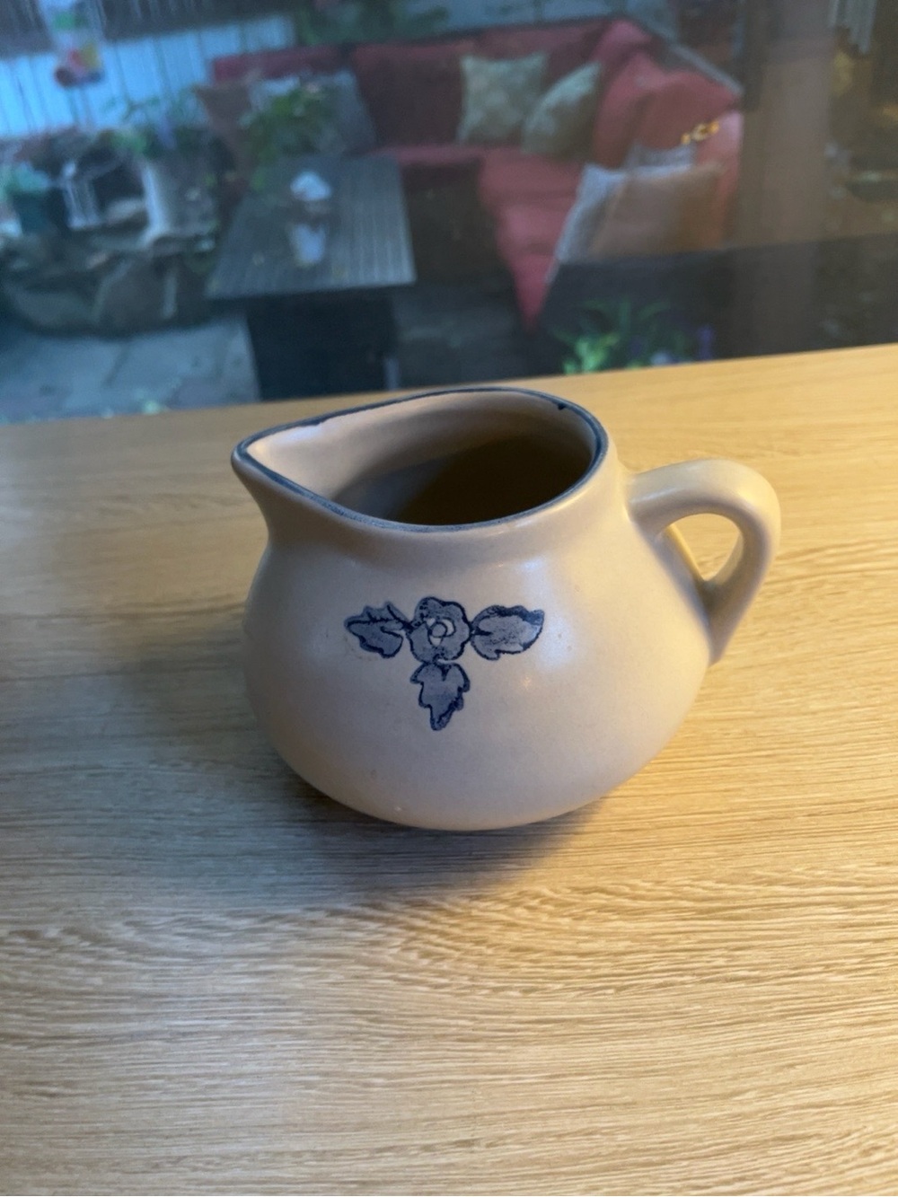 Vintage Stoneware Creamer Blue Floral Beige Ceramic Pottery Pitcher 4” Farmhouse